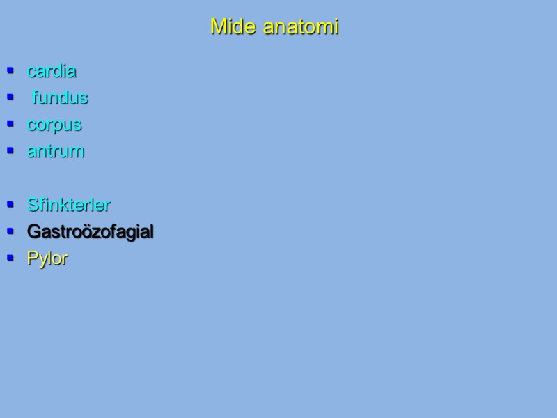 Mide anatomi cardia  fundus corpus antrum  Sfinkterler  Gastroözofagial Pylor